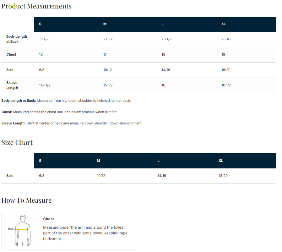 Youth Polo Size Chart